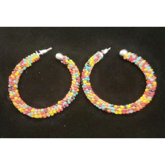 Multi Color Bead Hoop Earrings 2" Pierced - Picture 1 of 3